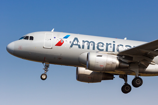 Cartagena, Colombia – January 27, 2019: American Airlines Airbus A319 airplane at Cartagena airport (CTG) in Colombia. Airbus is a European aircraft manufacturer based in Toulouse, France.