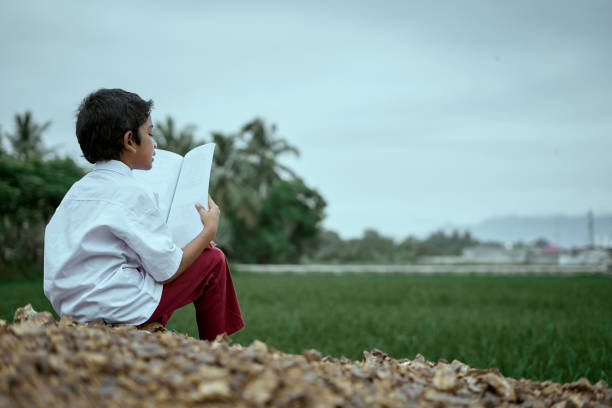 Asian boy wearing school uniform reading and studying outdoor at rice field stock photo