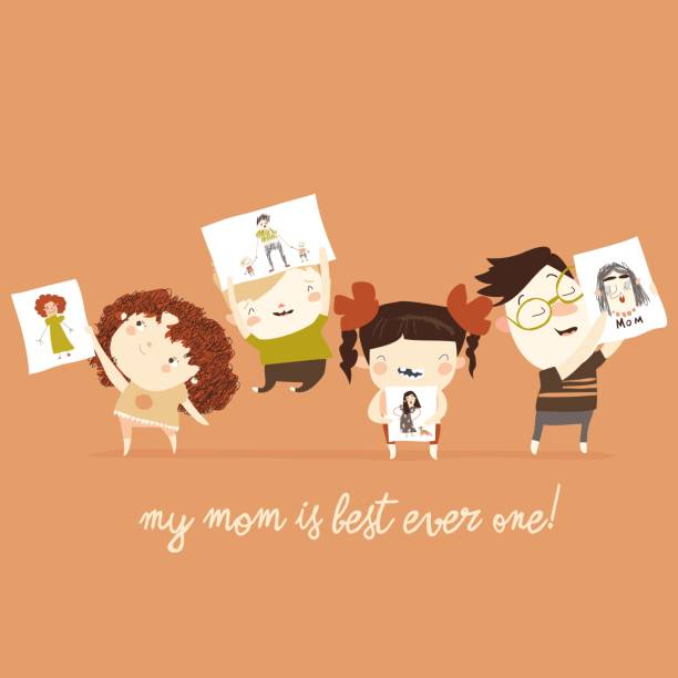 ilustraciones, imágenes clip art, dibujos animados e iconos de stock de niños felices con retratos dibujados a mano de sus madres - sorteo de partidos