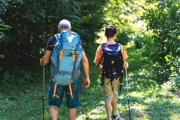 istock Grandfather and grandson hiking trough forest. 1255991763