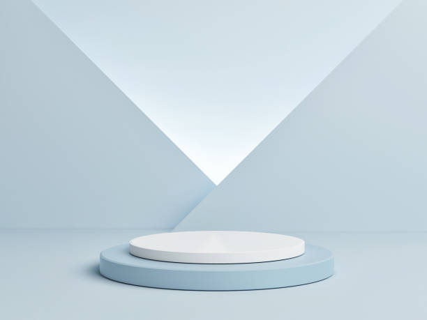 Mock up podium for product presentation, blue abstract geometry.