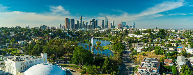 Stitched aerial panorama of Downtown Los Angeles skyline from over Echo Park.