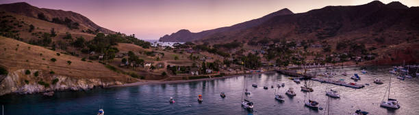 Stitched aerial panorama of the town of Two Harbors on Catalina Island.