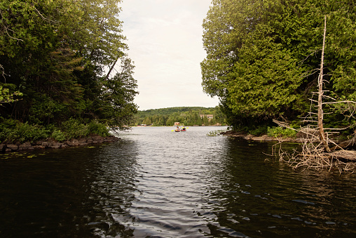 50 + man and woman kayaking on a lake. They are wearing hats and  t-shirts over swimwear. Horizontal full length outdoors shot with copy space.