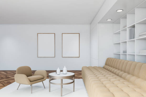 white living room with poster gallery, beige sofa - outdoors cushion pillow furniture imagens e fotografias de stock