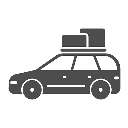 istock Travel car solid icon, Summer trip concept, Car rides on picnic sign on white background, automobile with boxes on roof icon in glyph style for mobile concept, web design. Vector graphics. 1255996508