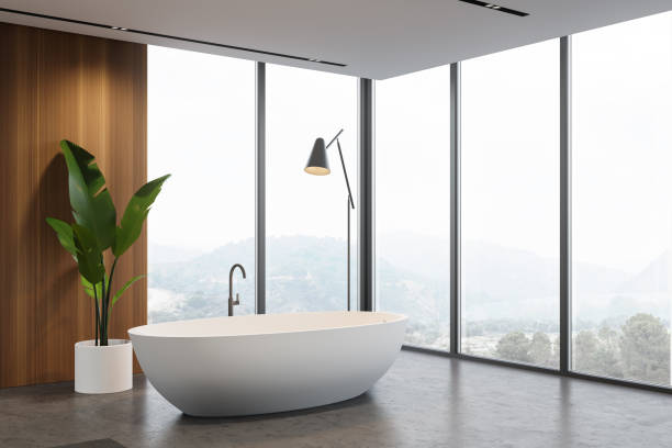 istock Panoramic wooden bathroom corner with tub 1255996628