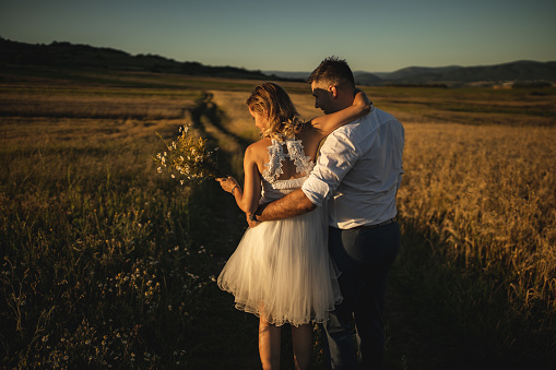 Well dressed young married couple, man embracing woman in dress and walking between grass fields
