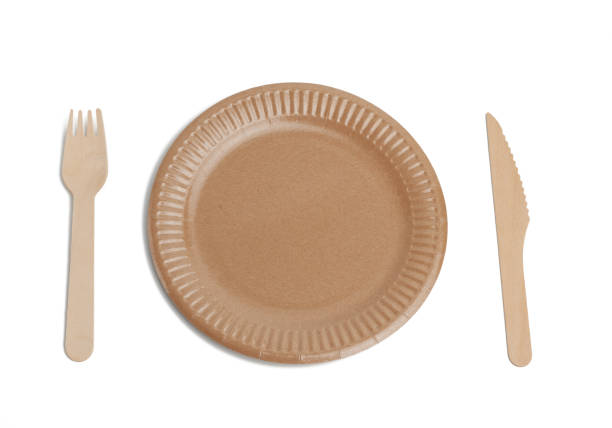 istock wooden fork, knife and empty round brown disposable plate made from recycled materials 1256000109