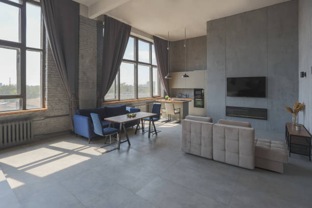 istock Modern minimalistic dark gray loft style studio apartment interior design. kitchen, sitting area, workplace, shower and bath. bright sun rays inside. 1256000846