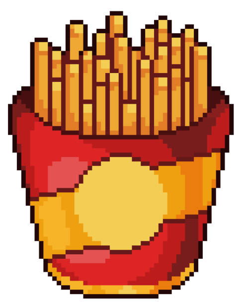 pixel art frytki. ikona gry 8-bitowych - take out food white background isolated on white american cuisine stock illustrations