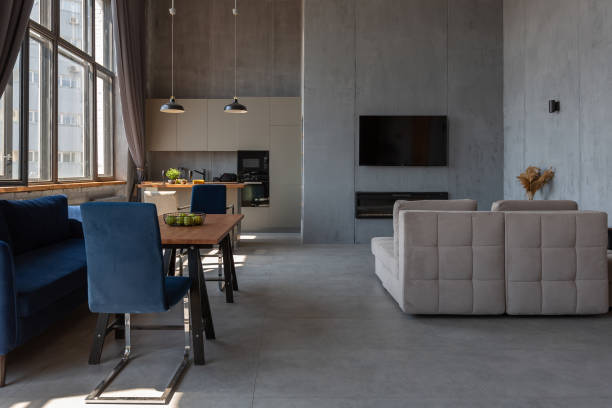 istock Modern minimalistic dark gray loft style studio apartment interior design. kitchen, sitting area, workplace, shower and bath. bright sun rays inside. 1256000883