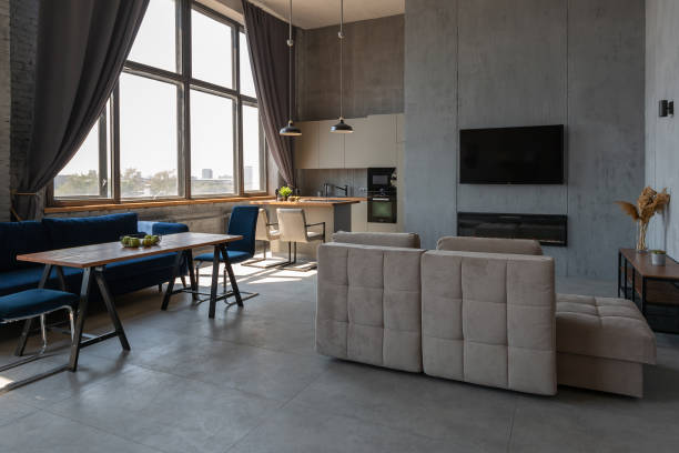 istock Modern minimalistic dark gray loft style studio apartment interior design. kitchen, sitting area, workplace, shower and bath. bright sun rays inside. 1256000886