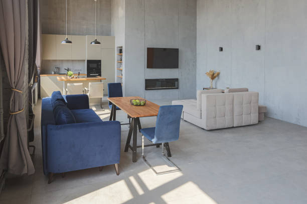 istock Modern minimalistic dark gray loft style studio apartment interior design. kitchen, sitting area, workplace, shower and bath. bright sun rays inside. 1256000920