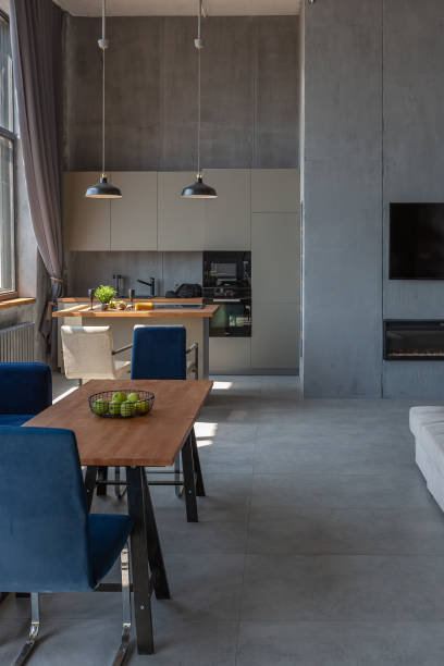 istock Modern minimalistic dark gray loft style studio apartment interior design. kitchen, sitting area, workplace, shower and bath. bright sun rays inside. 1256000921