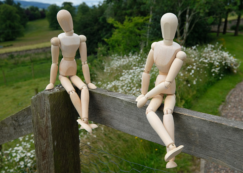 Two wooden mannequin models sitting in conversational poses, perched on a wooden fence, outside in a garden. They are turned towards each other in friendly physical stances, as if talking to each other in a relaxed manner. White flowers in a grassy area can be seen in the background.