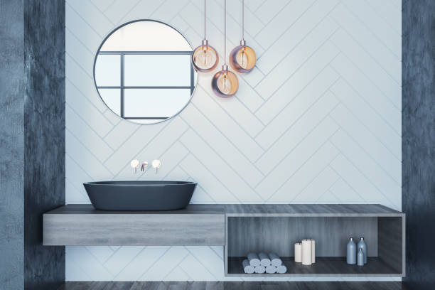 istock Luxury gray bathroom with mirror and comfortable washbasin. 1256001924