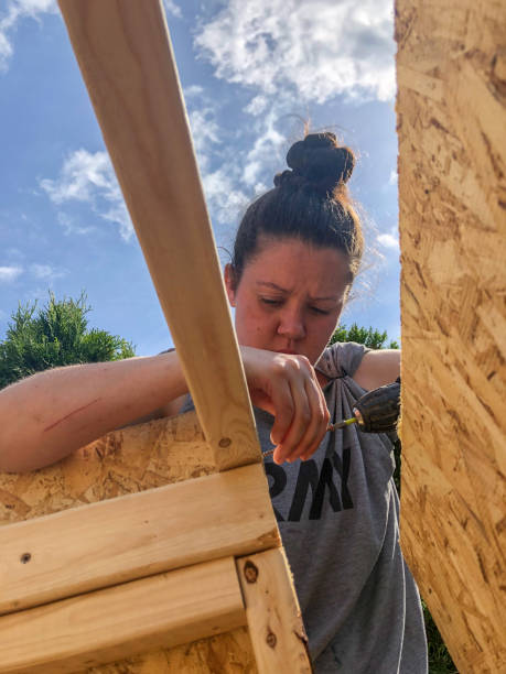 istock Carpenter Woman at work building a shed 1256002156