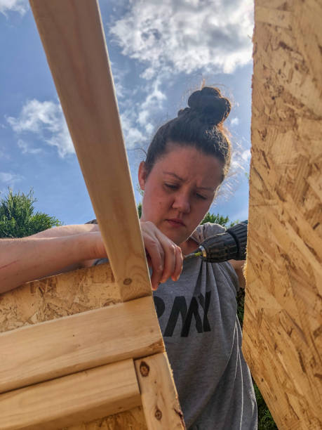 istock Carpenter Woman at work building a shed 1256002158