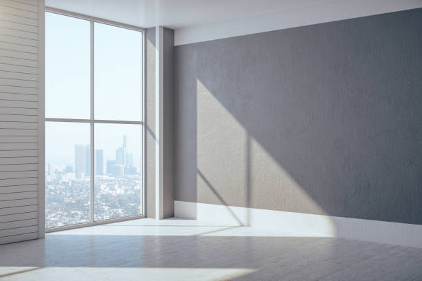 istock Modern gallery with city view 1256002937