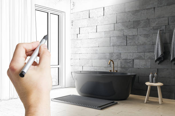 istock Hand drawing minimalistic gray bathroom interior 1256003112