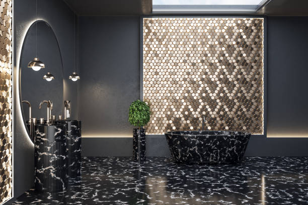 istock Luxury bathroom interior with black marble bath 1256004096