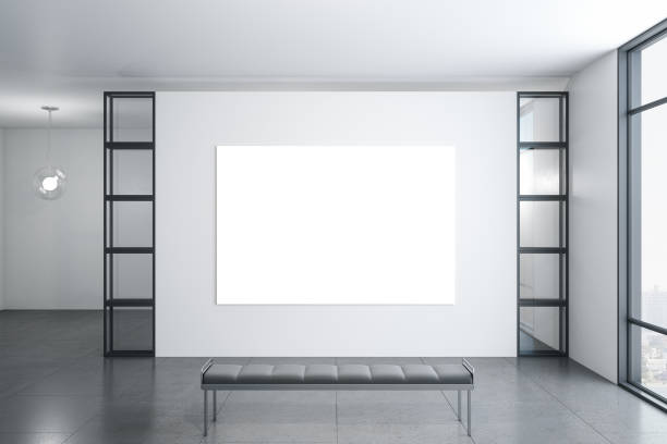 istock Contemporary exhibition interior with blank poster 1256004130