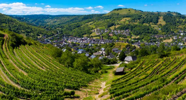 beautiful Aveyron village in France with freen grapes- Marcillac Vallon