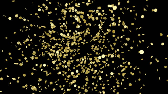 Explosion of gold coins turning into a tornado on black.