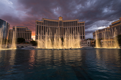 Las Vegas, USA - March 21, 2018 : Fountains of Bellagio - Bellagio Hotel & Casino at Las Vegas Boulevard, famous Strip.  Bellagio Hotel is a part of MGM Resorts International.