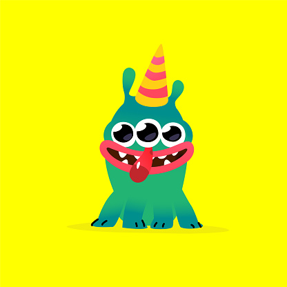 Illustration of a cute, lovely monster character. Mascot for the company. Abstract creature. Character is isolated on a yellow background. Children's cartoon three-eyed pet or mutant.