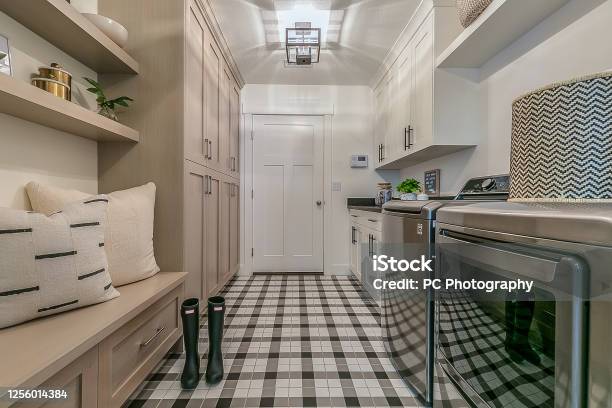 Immaculate Mudroom And Laundry Room Combo Stock Photo - Download Image Now - Utility Room, Laundry, Garage