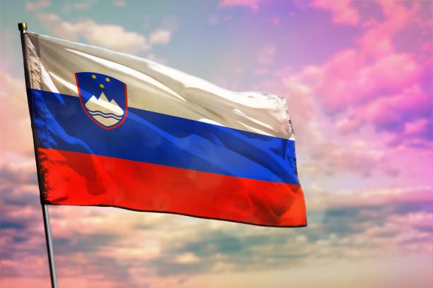 istock Fluttering Slovenia flag on colorful cloudy sky background. Prosperity concept. 1256016908