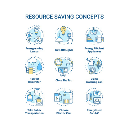Resource saving concept icons set. Sustainable technology. Efficient consumption. Reduce supply usage idea thin line RGB color illustrations. Vector isolated outline drawings. Editable stroke