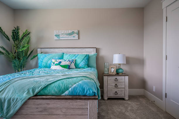 istock Wonderful bedroom with turquoise colored bedding 1256017180
