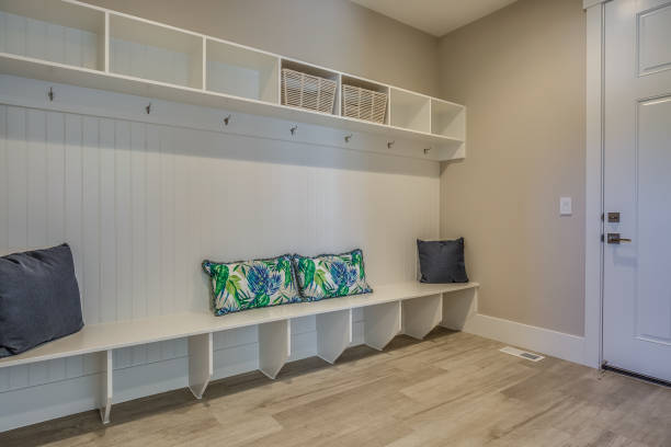 istock New Tour home with large mud bench in mudroom 1256017187