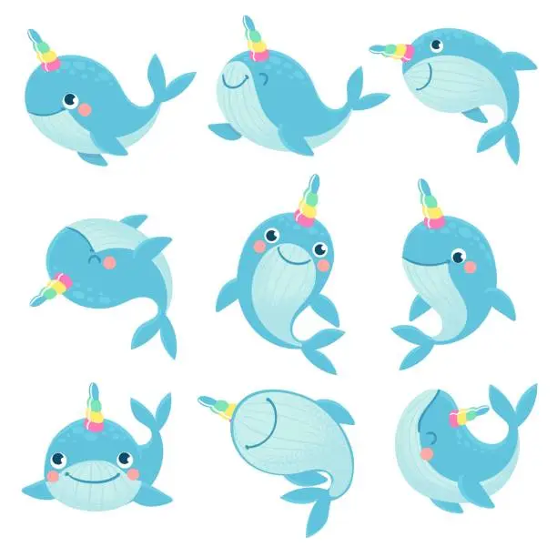 Vector illustration of Whale unicorn. Cute marine inhabitants colorful adorable whales unicorns, funny animals childrens anime creatures, cartoon vector characters