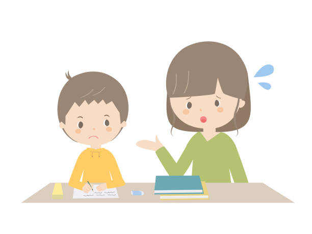 A boy learning at home while being told by his parents It is an illustration of a boy studying at home while being told by his mother. impatient stock illustrations