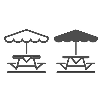 Camping Table and Bench with umbrella line and solid icon, picnic concept, Table and Bench outside sign on white background, Outdoor table with umbrella icon in outline style. Vector graphics