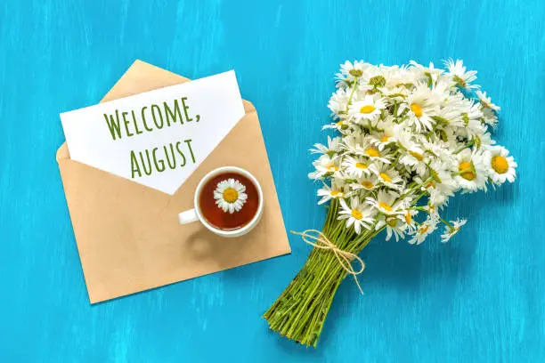 Photo of Welcome August text on white card in craft envelope, bouquet white chamomiles flowers and cup of tea on blue background. Concept Hello august. Greeting card Flat Lay