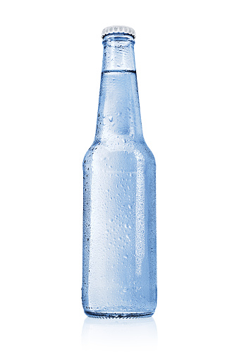 Blue glass bottle with still, spring or mineral water without label isolated on white background.