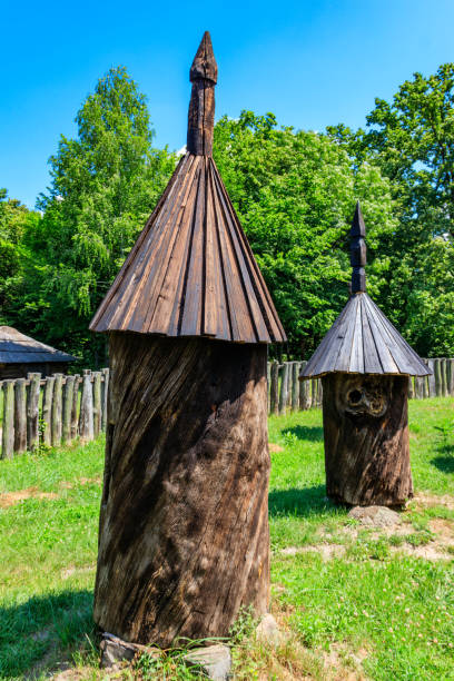 istock Ancient wooden beehives in old rural apiary 1256036431