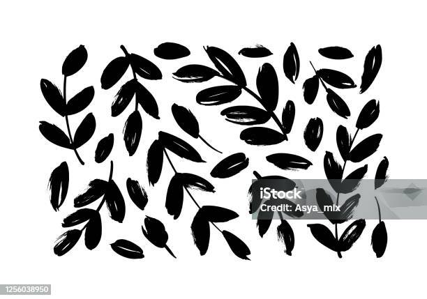 Brush Branches With Leaves Vector Collection Set Of Black Silhouettes Leaves And Branches Stock Illustration - Download Image Now