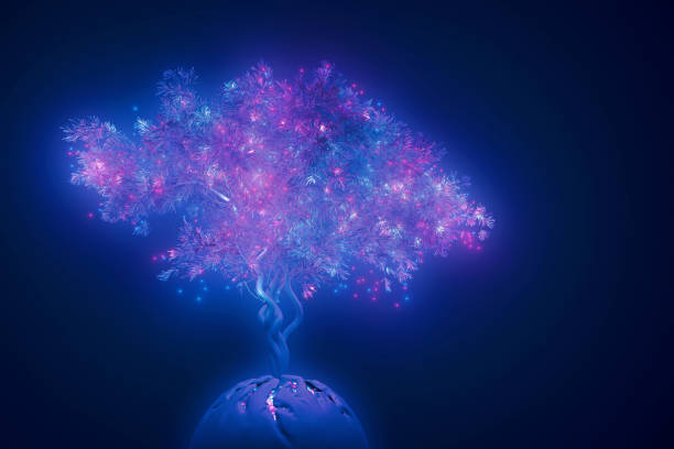 istock Abstract neon background, mystical space planet with tree sprouted on it in the light of pink blue ultraviolet light glowing toys suspended from tree branches, 3d illustration with copy space 1256048150