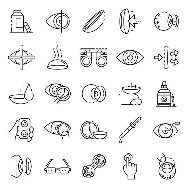 ilustraciones, imágenes clip art, dibujos animados e iconos de stock de conjunto de iconos de lentes de contacto, estilo de contorno - lens box