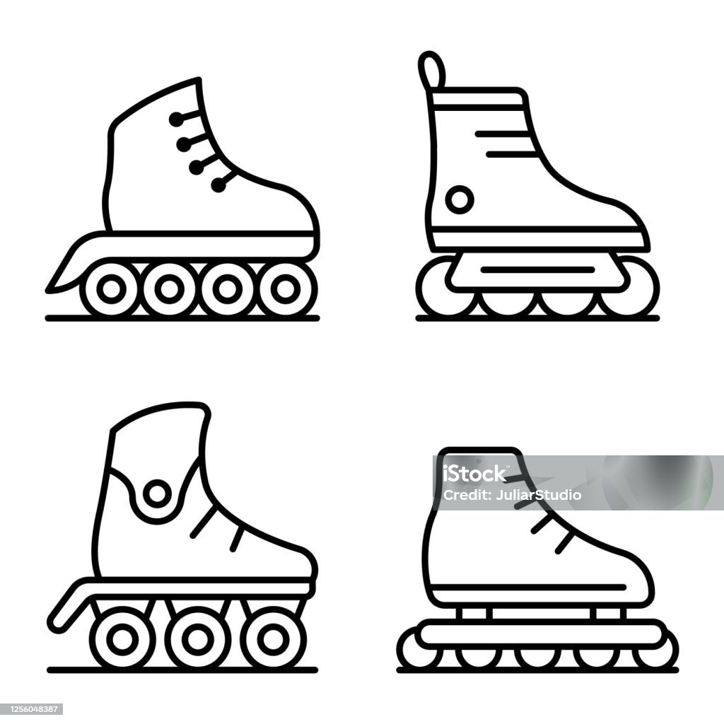 Inline Skates Icons Set, Umrissstil - Lizenzfrei Inline-Skate Vektorgrafik