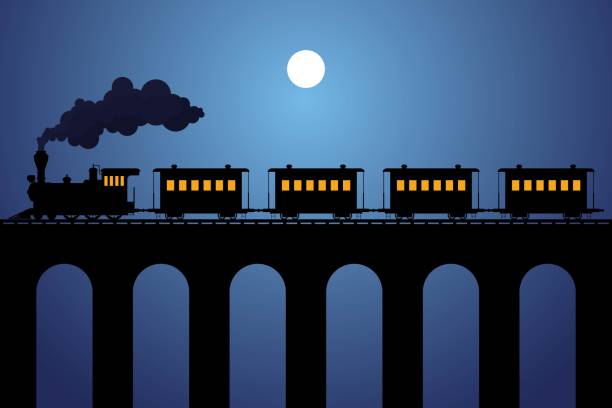 밤에 다리에 마차와 증기 기차 실루엣 - train steam train vector silhouette stock illustrations