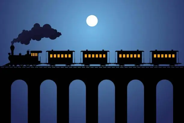 Vector illustration of Steam train silhouette with wagons on the bridge in the night