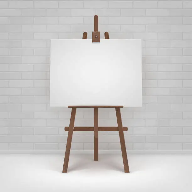 Vector illustration of Vector Wooden Brown Easel with Mock Up Blank Horizontal Canvas Standing on Floor in front of Brick Wall