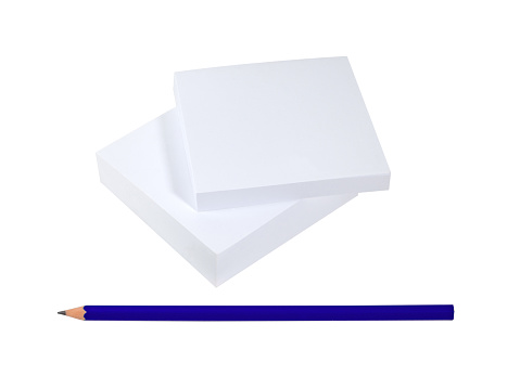 Block of white memo papers with blue pencil isolated on white background